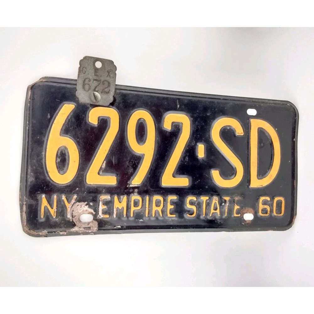 Vintage New York 1960 Auto‎ License Plate 6292-SD w/ rare metal GEX tag